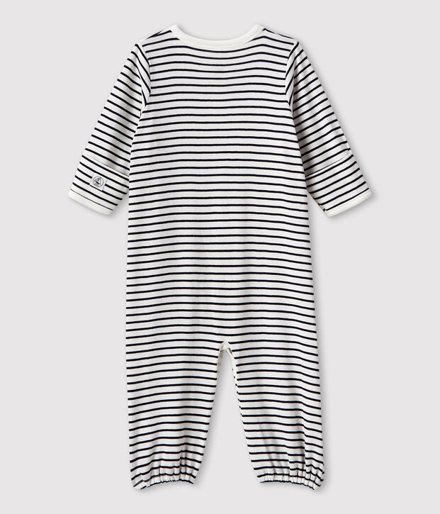 Babies' Stripy Organic Cotton Jumpsuit/Sleeping Bag white/blue