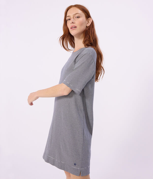 Women's short-sleeved striped cotton nightdress blue/white