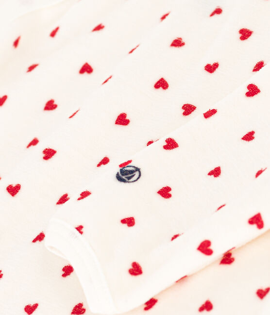Babies' Heart Patterned Velour Pyjamas MARSHMALLOW white/TERKUIT red