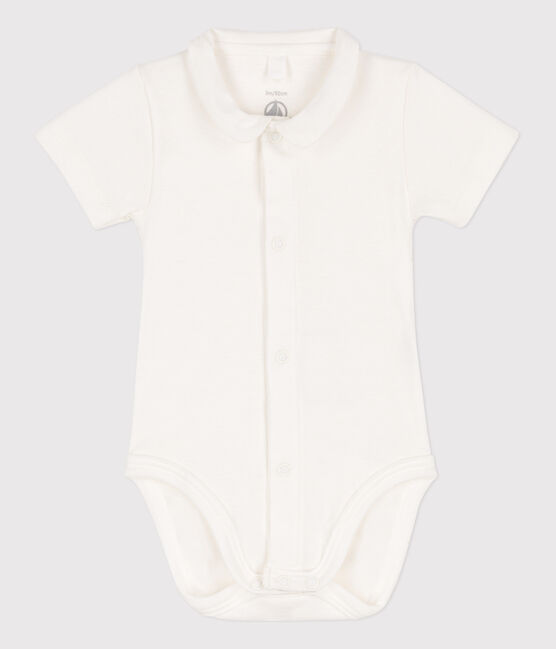 Babies' Short-Sleeved Cotton Bodysuit with Collar MARSHMALLOW white