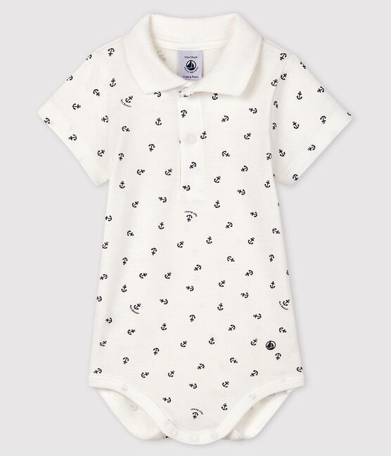 Baby Boys' Short-Sleeved Cotton Print Bodysuit MARSHMALLOW white/SMOKING blue