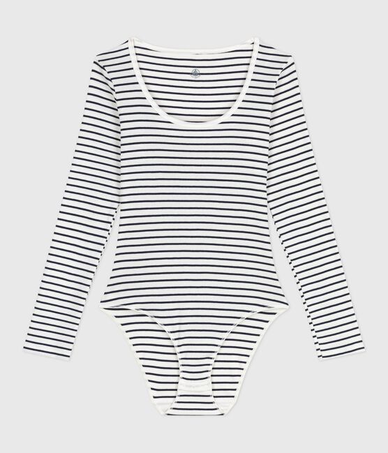 Women's striped cotton and elastane body MARSHMALLOW white/SMOKING blue