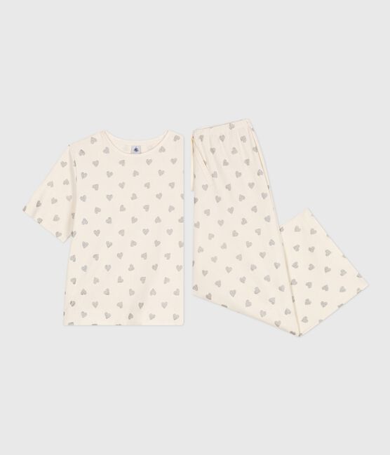 Women's cotton pyjamas with heart print, short sleeves and wide legs MILK Ecru/ARGENT