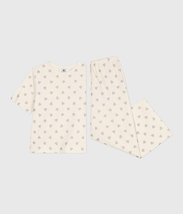Women's cotton pyjamas with a heart print, short sleeves and wide legs Ecru/grey
