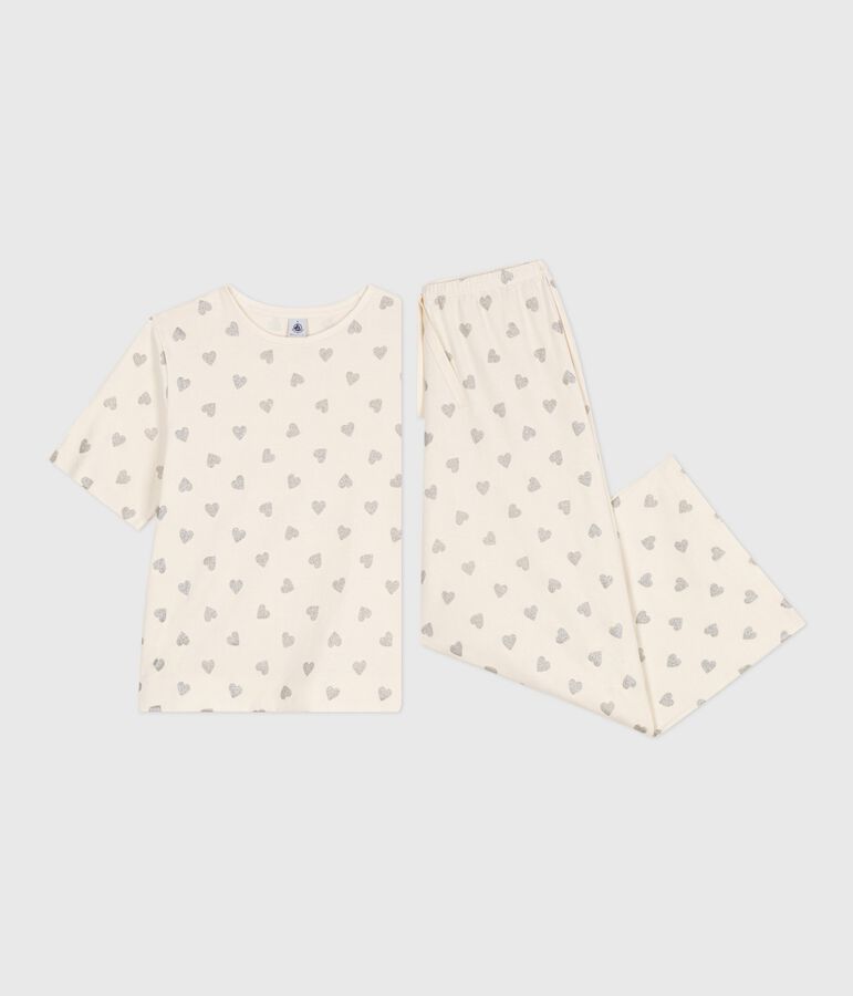 Women's cotton pyjamas with a heart print, short sleeves and wide legs Ecru/grey