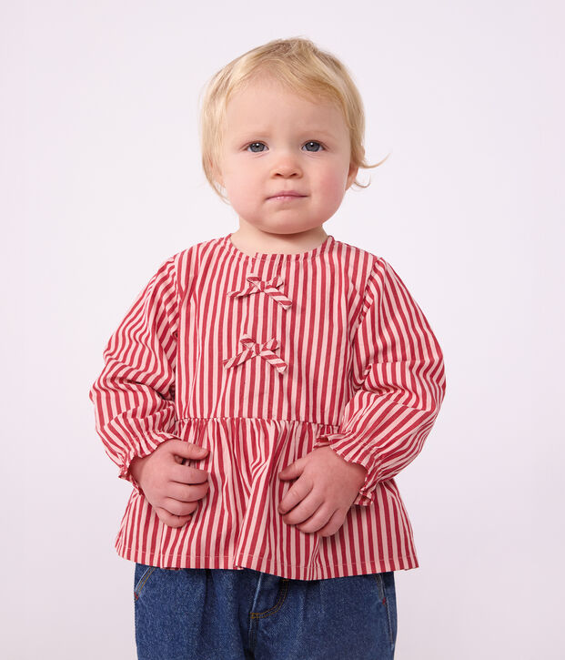 Babies' long-sleeved stripy cotton blouse pink/pink