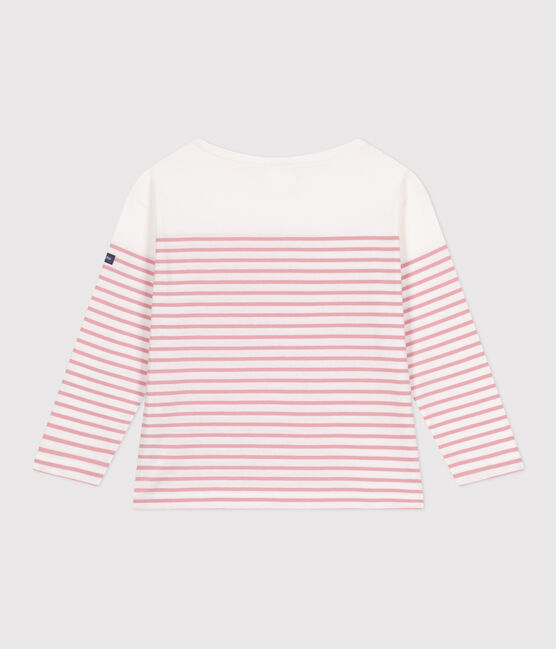 Children's long-sleeved cotton Breton T-shirt MARSHMALLOW white/CHARME pink