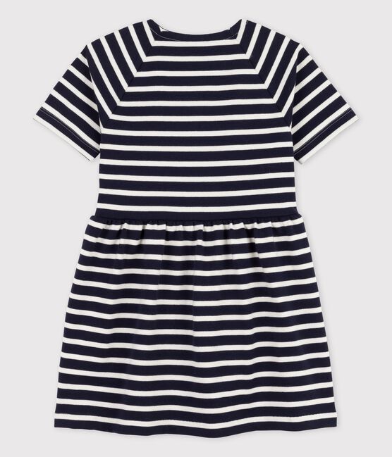 Girls' Short-Sleeved Cotton Dress SMOKING blue/MARSHMALLOW white