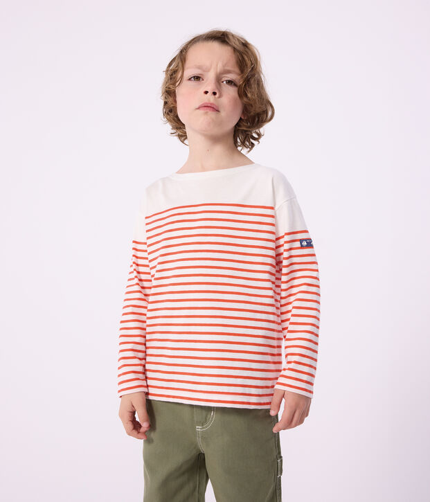 Children's stripy cotton Breton top white/red