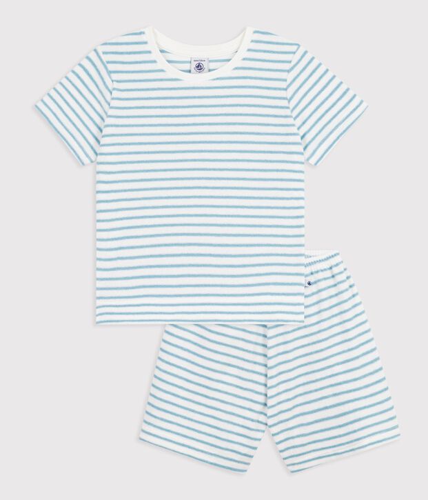 Children's short stripy cotton terry pyjamas white/green