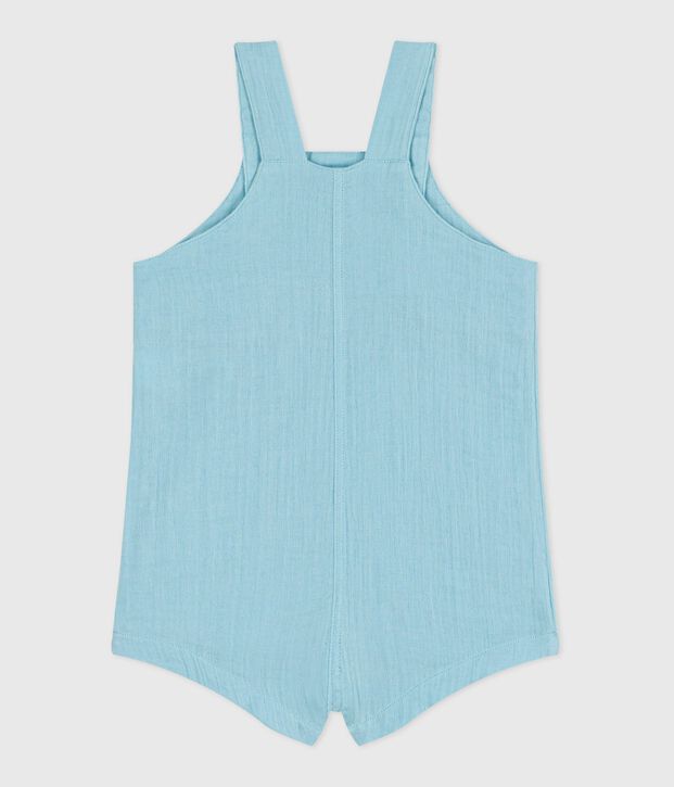 Babies' short-legged plain cotton gauze dungarees blue