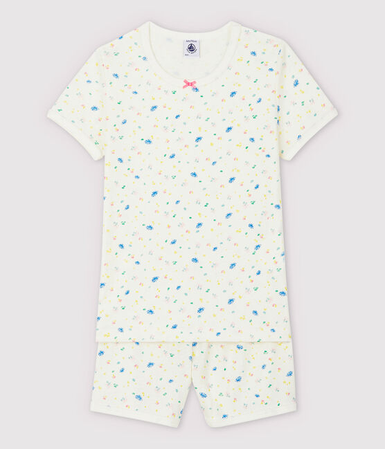 Girls' Floral Cotton and Linen Blend Short Pyjamas MARSHMALLOW white/MULTICO white