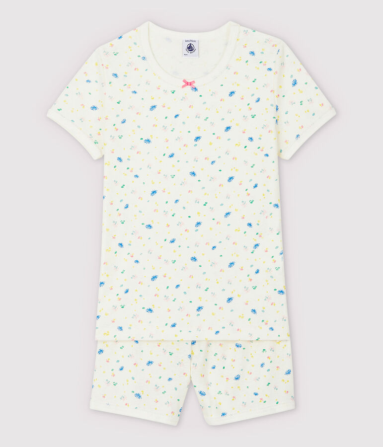Girls' Floral Cotton and Linen Blend Short Pyjamas MARSHMALLOW white/MULTICO white