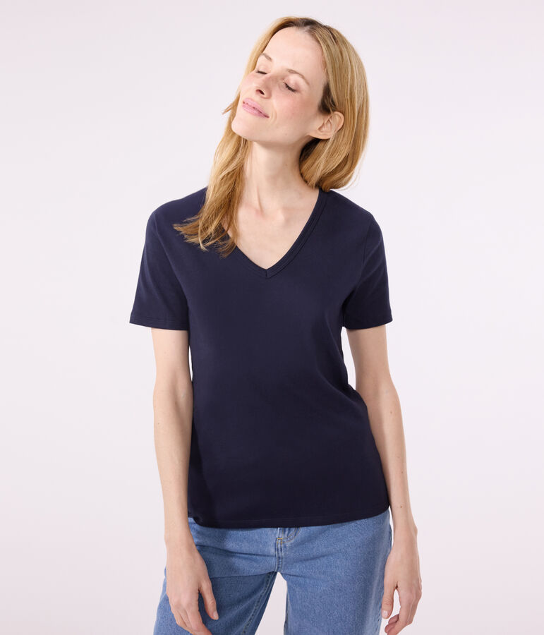 Women's iconic plain short-sleeved rib knit T-shirt SMOKING blue