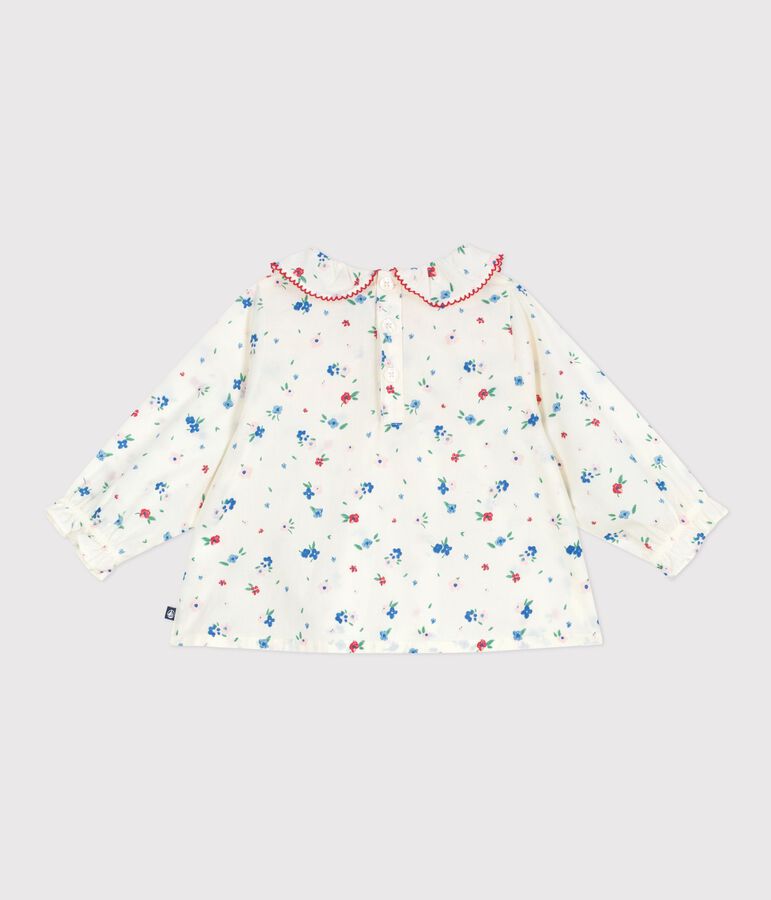 Babies' long-sleeved floral-print cotton blouse MARSHMALLOW white/MULTICO white