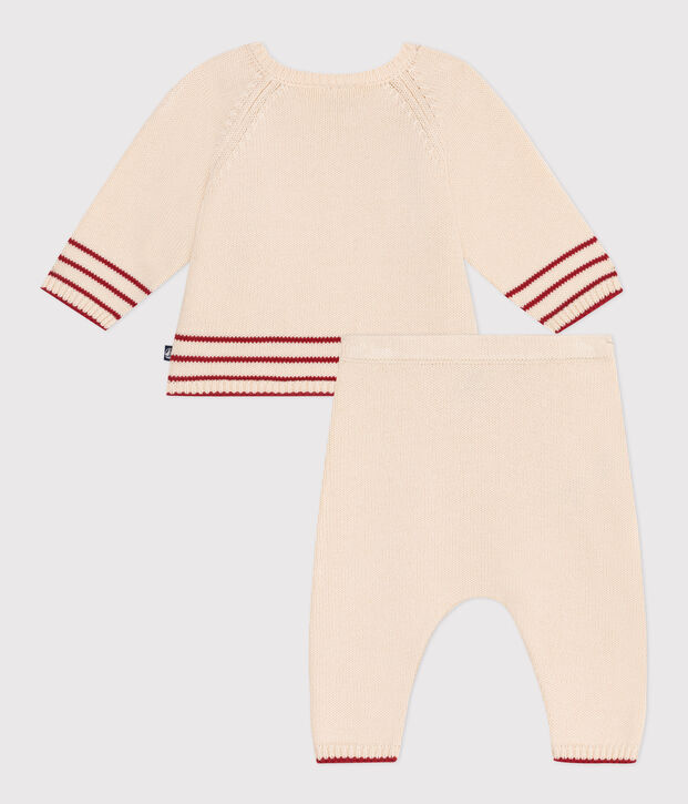 Babies' two-piece cotton jacquard knit set Ecru/red