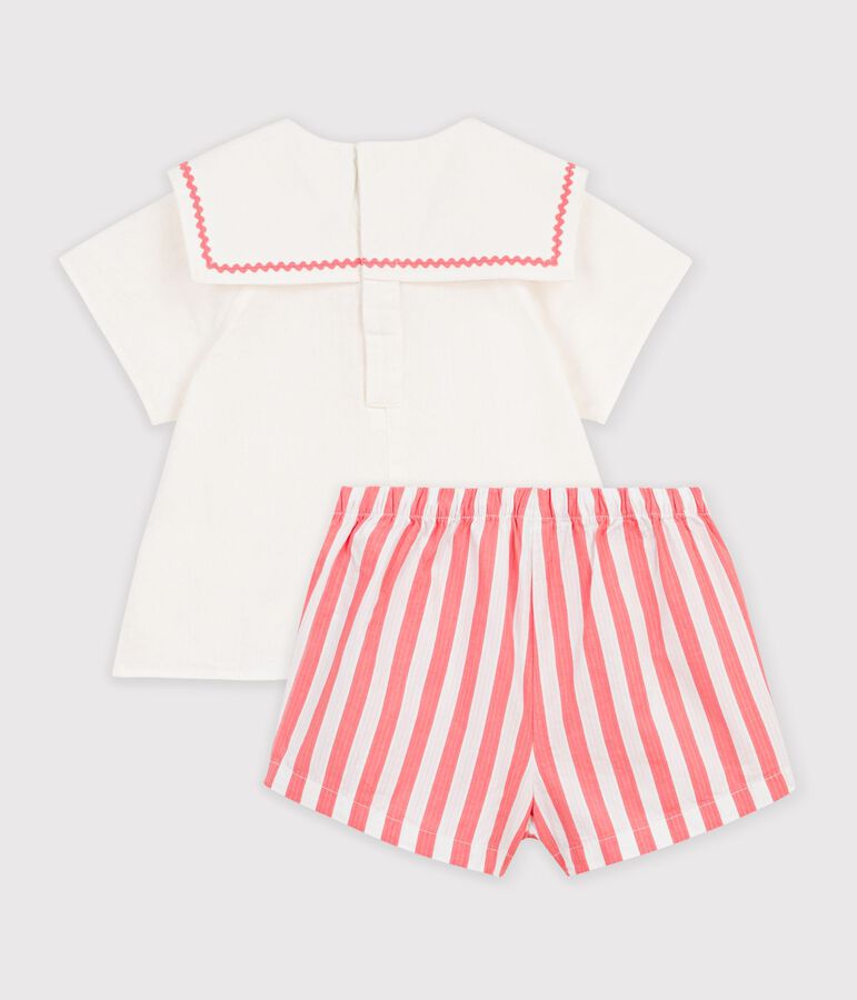 Babies' 2-piece cotton/linen outfit, with a sailor collar top pink/white