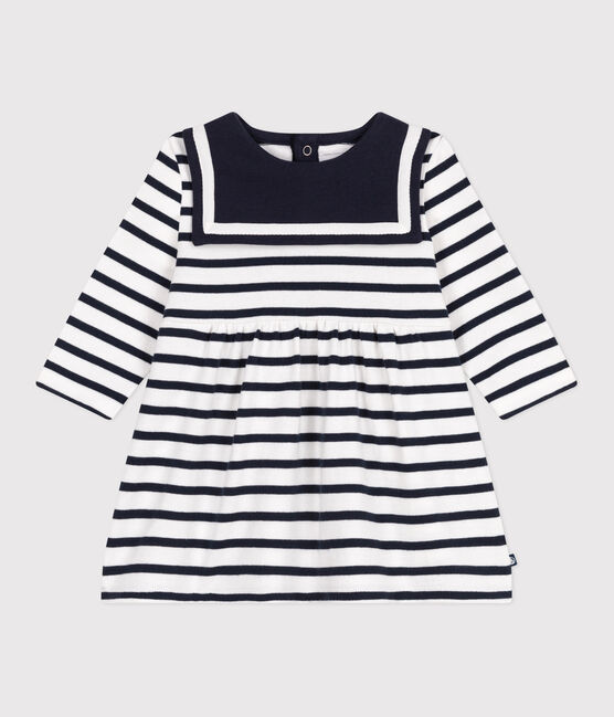 Babies' Breton stripe dress in thick cotton with long sleeves MARSHMALLOW white/SMOKING blue
