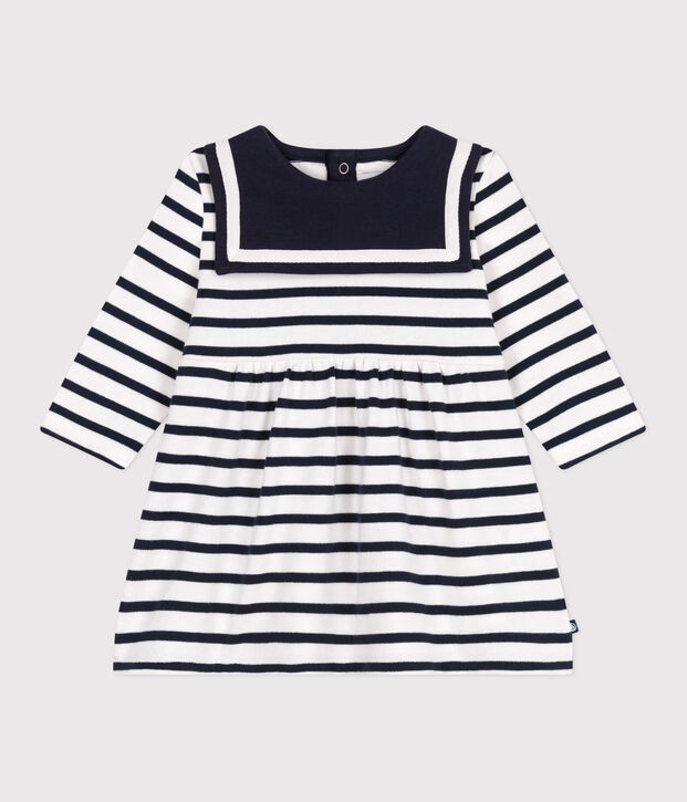 Babies' Breton stripe dress in thick cotton with long sleeves white/blue