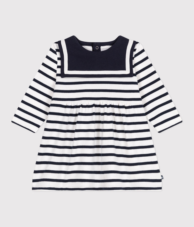 Babies' Breton stripe dress in thick cotton with long sleeves white/blue