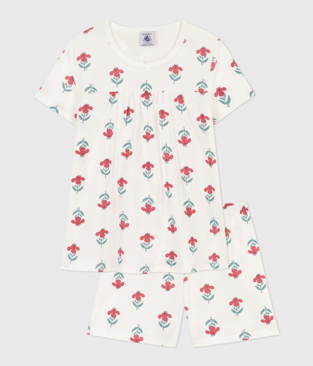 Girls' Floral Cotton Short Pyjamas with Crown white/multicolor