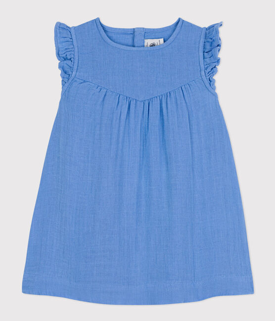 Babies' Sleeveless Plain Cotton Gauze Dress EDNA blue