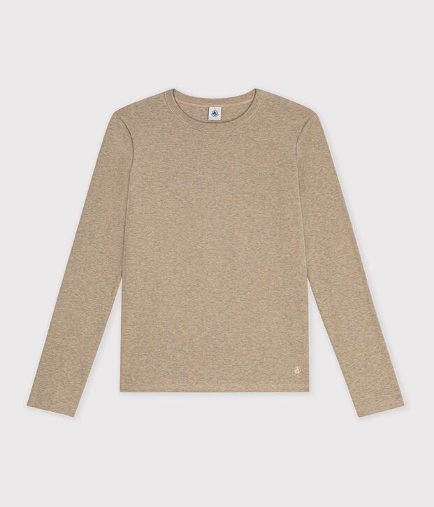 Women's long sleeved plain cotton T-shirt beige