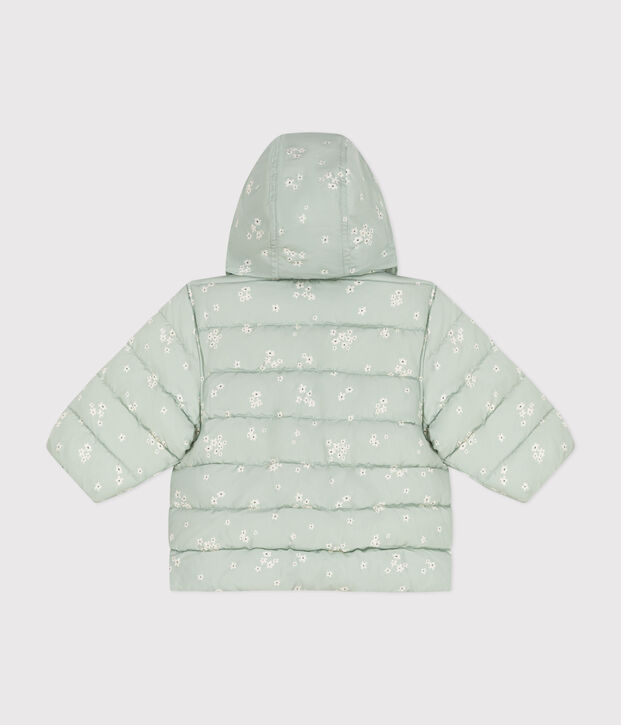 Babies' printed  puffer jacket with a retractable hood green/multicolor