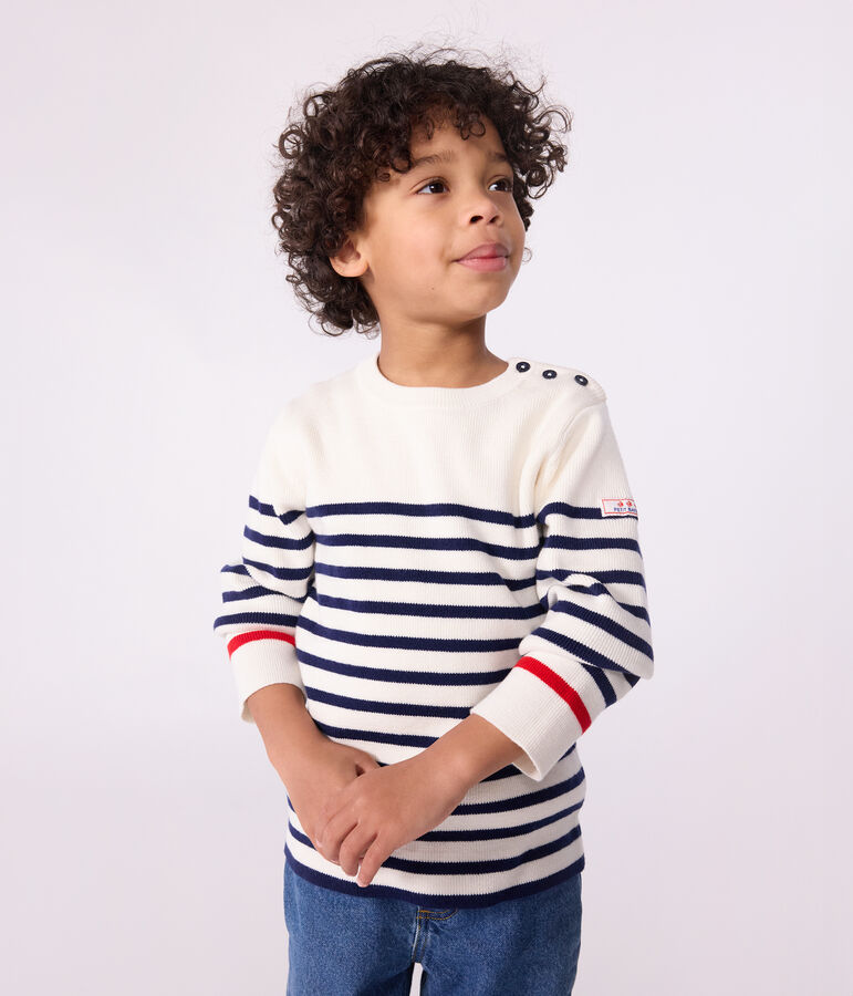 Children's stripy jumper in wool and cotton white/blue