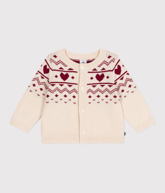 Babies' heart-pattern wool and cotton knit cardigan AVALANCHE Ecru/AMARANTE