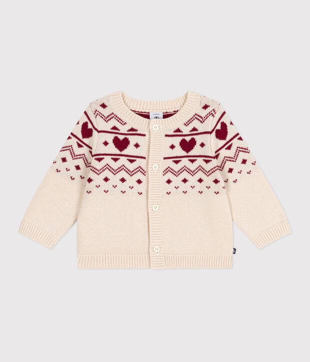 Babies' heart-pattern wool and cotton knit cardigan Ecru/red