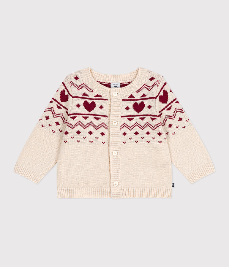 Babies' heart-pattern wool and cotton knit cardigan Ecru/red