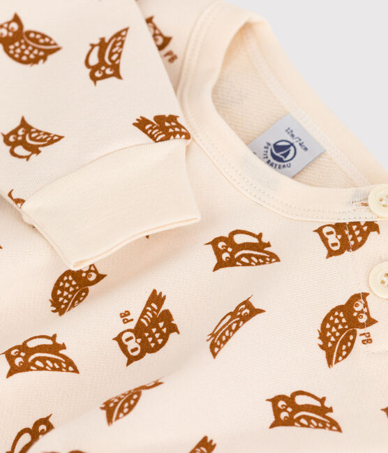 Babies' Owl Patterned Cotton Sweatshirt AVALANCHE white/ECUREUIL