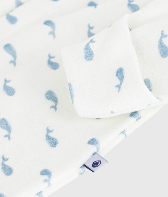 Babies' whale-print velour pyjama suit with a collar MARSHMALLOW /ADRIATIC
