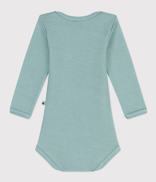 Babies' Stripy Long-Sleeved Cotton/Wool Bodysuit green