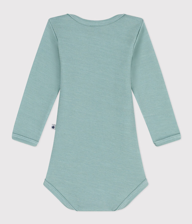 Babies' Stripy Long-Sleeved Cotton/Wool Bodysuit green