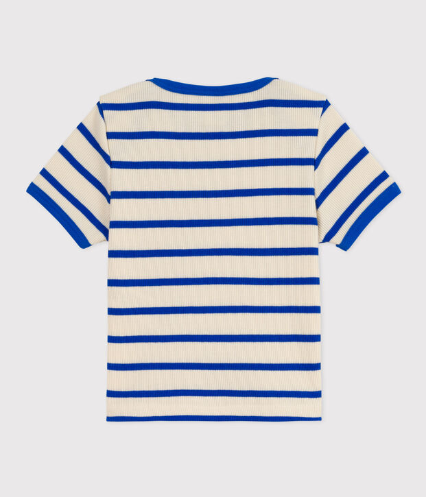 Babies' Stripy Ribbed Short-Sleeved T-Shirt Ecru/blue