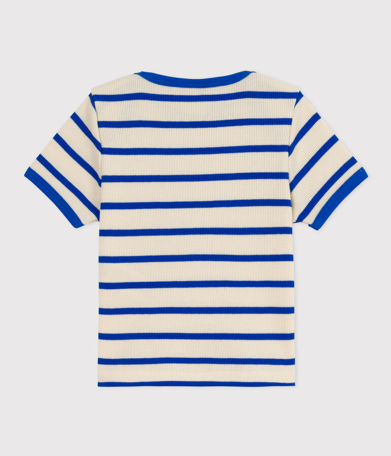 Babies' Stripy Ribbed Short-Sleeved T-Shirt Ecru/blue