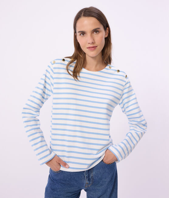 Women's stripy cotton Breton top MARSHMALLOW blue/FLO