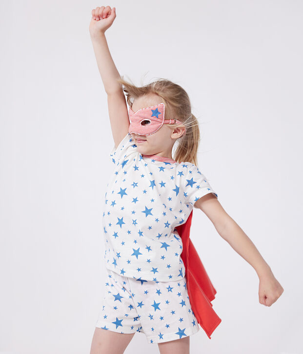 Children's short fancy dress pyjamas with a glow-in-the-dark cotton cape white/multicolor