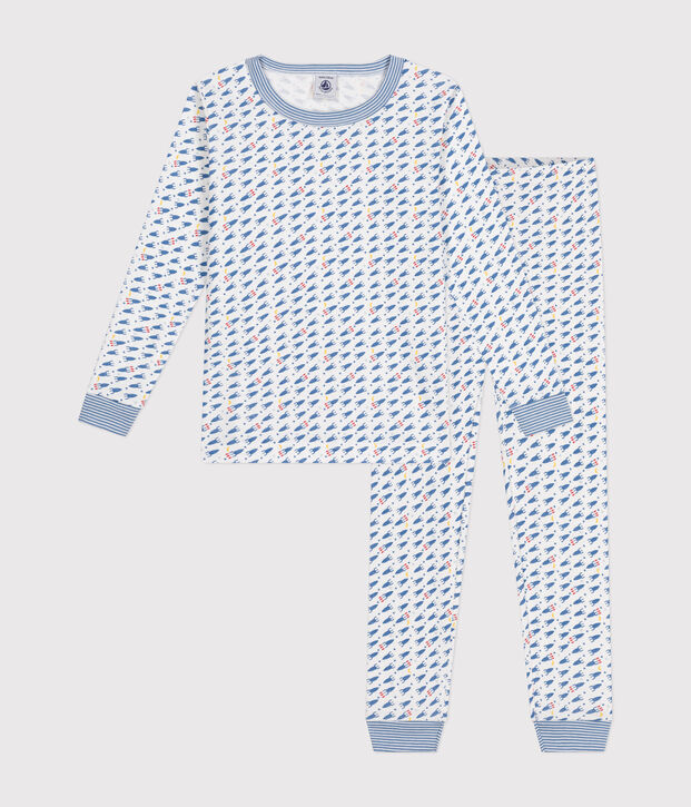 Children's fitted rocket-pattern printed cotton pyjamas white/multicolor