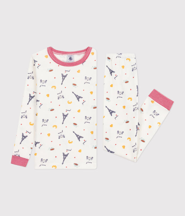 Children's printed cotton pyjamas, very fitted white/multicolor