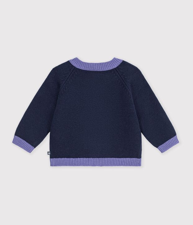 Babies' jaquard heart pattern cardigan knitted in wool and cotton blue/multicolor