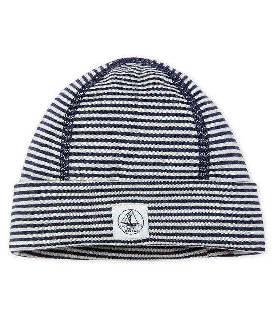 Newborn bonnet with anti-electromagnetic wave protection SMOKING blue/ECUME white