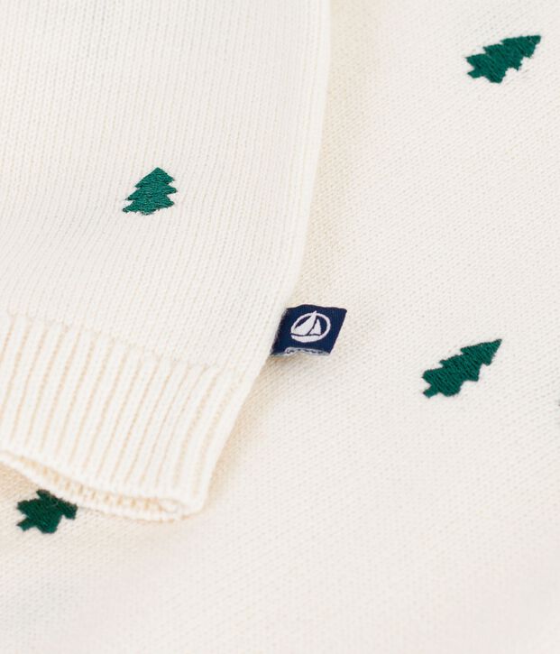 Babies' jumper in wool and cotton with embroidered bunny rabbits Ecru/green