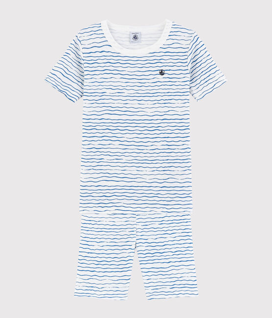 Boys' Snugfit Wave Print Cotton Short Pyjamas MARSHMALLOW white/COOL blue