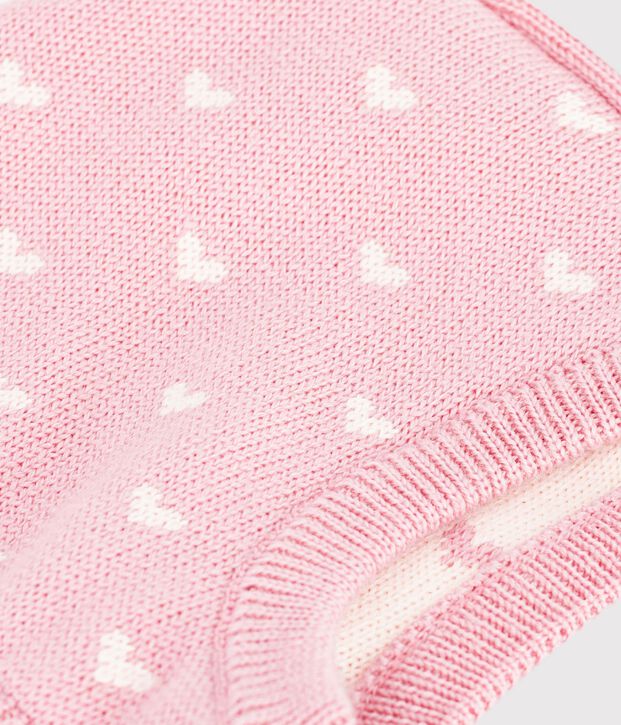 Babies' heart print balaclava in wool and cotton pink/white