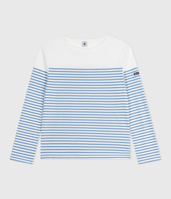 Women's long-sleeved cotton Breton t-shirt MARSHMALLOW white/ALASKA blue