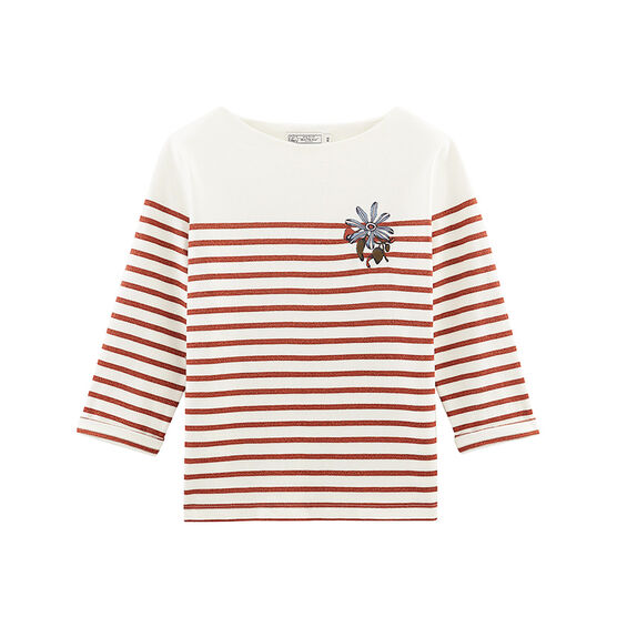 Women's long-sleeved stripy breton top MARSHMALLOW white/COPPER pink
