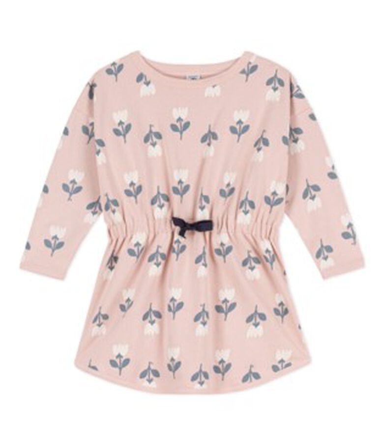 Girls' Long-Sleeved Patterned Fleece Dress SALINE pink/MULTICO white